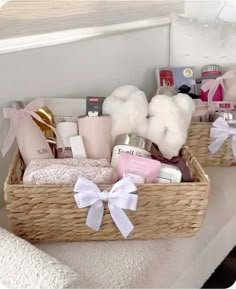 two wicker baskets filled with personal care items