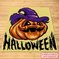 a rug with an image of a pumpkin wearing a purple hat and the words halloween on it