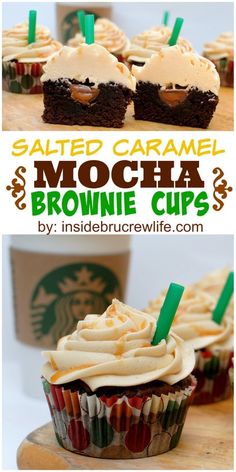 starbucks mocha brownie cups with whipped cream and caramel frosting on top