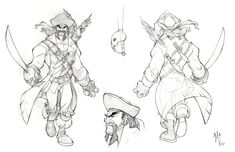 three sketches of pirate characters in different poses