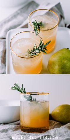 two glasses with lemonade and rosemary garnish sit on a tray next to pears