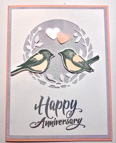 a happy anniversary card with two birds on it