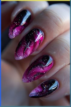 Reach for the stars with these intergalactic nail art designs in cosmic hot pink hues. Glittering moons, planets and nebula shapes make a mesmerizing statement on bold pink tips.\n\n#nailart #naildesign #hotpinknails #galaxynails #spacedenails #glitternails Shine Nail Designs, Baby Blue Nail Art, Hot Pink Nail Designs, Nail Designs Hot Pink, Hot Pink Nail, Pink Black Nails, Cosmic Nails, Camouflage Nails, Classy Nail Art Ideas