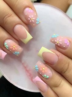 Multicolor  Collar   Plants Color Nails Embellished   Nail,Hand & Foot Care Pink Manicure, Nagel Tips, Flower Nail Designs, Coffin Press On Nails, Stick On Nails, Nail Accessories, Gel Manicure, Nail Decorations, Flower Nails