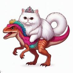 a cat riding on the back of a dinosaur with a crown on it's head