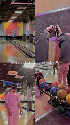 two men in pink shirts and grey pants playing bowling