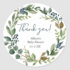 a thank sticker with watercolor leaves and berries in the center, on a white background