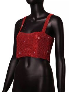 This red rhinestone crop top is a one size top that has an adjustable chain on back. Our red diamond top can be worn by sizes: XS, S, M, L, XL. Chest width: 33.07- 37.80’’ Length:7.09’’ Chain Crop Top, Party Crop Tops, Sequin Crop Top, Vest Designs, Y2k Aesthetic Outfits, Cami Crop Top, Dolce E Gabbana, Top For Women, Solid Clothes