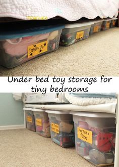 the under bed toy storage for tiny bedroom's is organized with plastic bins