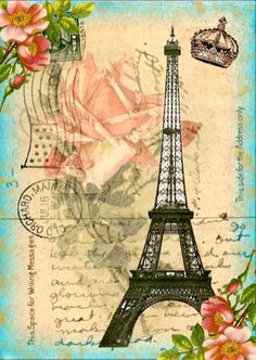 the eiffel tower is surrounded by pink flowers and other things in front of it