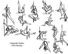 an image of some people doing pole dancing in different poses and positions, with the caption's description below