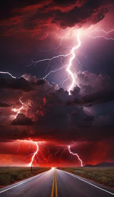 lightning strikes over an empty road in the middle of nowhere, with dark clouds and red hues