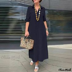 Olivia Mark - Chic Solid Color Long Sleeve Shirt Dress with Buttoned Mandarin Collar for Cross-selling Casual Maxi Dress For Office In Fall, Casual Long Sleeve Maxi Dress For Office, Dress Elegant Long, Cross Selling, Dress Collar, Faux Leather Dress, White Halter Maxi Dress, Elegant Dresses Long, Halter Maxi Dresses