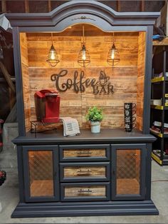 Coffee Bar Hutch, Hutch Makeover, Coffee Bar Design, Bar Station, Coffee Bars In Kitchen, Using Chalk Paint