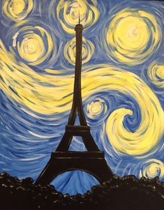 a painting of the eiffel tower at night with swirling clouds in the background