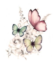 three butterflies are flying over some white and pink flowers on a white background with watercolor effect