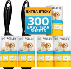 four rolls of extra sticky dog toilet paper next to each other with the same product on it