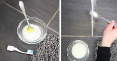 two pictures showing how to use toothbrushes on the floor and in bowls with milk