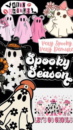 various halloween stickers are displayed on a black background with white and pink lettering that says, very spooky, creepy season