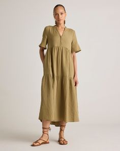 Airy and effortless, meet our 100% Organic Cotton Gauze Split Neck Midi Dress. Made of breezy, lightweight organic cotton gauze, this versatile dress is the perfect grab and go piece. Lds Missionary Dresses, Muslin Dress Women, Apple Body Fashion, Simple Fall Dresses, Sister Missionary Dresses, Cotton Gauze Clothing, Gauze Clothing, Split Neck Dress, Ruched Waist Dress