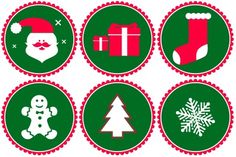 six christmas stickers with santa claus, stockings and snowflakes on green circles