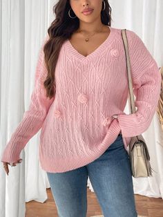 Plus Size Women's V-Neck 3D Floral Twist Knit Casual Sweater, Lotus Pink Dusty Pink Casual  Long Sleeve Knitwear Plain Pullovers Slight Stretch  Women Plus Clothing, size features are:Bust: ,Length: ,Sleeve Length: Plus Size Pullover, Pink Dusty, Casual Sweater, Plus Size Sweaters, Casual Sweaters, Inspiration Mode, Color Rosa, Casual Shoes Women, Pink Sweater