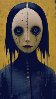 a creepy doll with long black hair and blue eyes is standing in front of a yellow wall