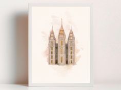 a watercolor painting of a cathedral with spires