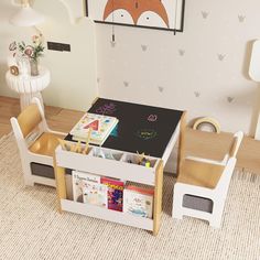 a child's table and chairs with books on them