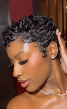 Finger Wave Wedding Hair Short, Black Girls Short Hair Waves, Black Women Blonde Pixie Haircut, Pixie Haircut Wigs For Black Women, Cute Short Hair Styles Black Women, Pixie Wedding Hairstyles Black Women, Perm Set On Natural Hair, Fluffy Finger Waves, Black Girls Pixie Hairstyles