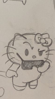 a drawing of a hello kitty holding a cell phone