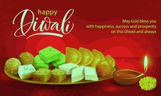 happy diwali greeting card with halved bread and butter on plate, lit by candle