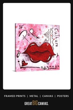 a painting with red lips and hearts on it