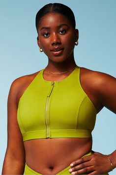 High Tide Zip-Front Swim Top Fabletics green female Activewear >> Womens >> Swim >> Tops regular Swim 4-Way Stretch/Removable Bra Cups Green Medium Support Bra Friendly Top, Green High Stretch Sports Bra - Athleisure, Fitted Green Sports Bra For Yoga, Green High Stretch Sports Bra For Pilates, Green Fitted Versatile Sports Bra, Versatile Fitted Green Sports Bra, Sporty Green Tops For Pilates, Green Moisture-wicking Sports Bra For Pilates, Versatile Green Stretch Sports Bra