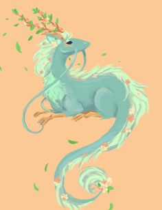 a blue dragon sitting on top of a tree branch with flowers in it's hair