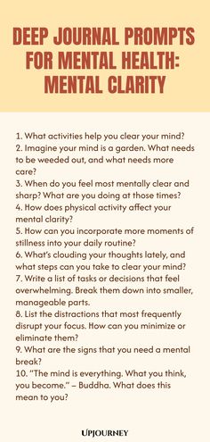 Find mental clarity and inner peace with these deep journal prompts for mental health. Explore your thoughts and emotions through introspective writing. Take some time for yourself to reflect and gain a better understanding of your mental well-being. Journaling can help you process complex feelings and improve your overall emotional health. Start this self-care journey today! How To Take Care Your Mental Health, Journal Prompts For Emotional Healing, Self Help Journal Prompts, Mental Health Journaling Prompts Ideas, Journaling Ideas For Mental Health, How To Journal For Mental Health, Mental Health Journal Prompts, Journaling For Healing, Therapy Journaling Prompts