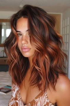 Red To Brown Balayage, Medium Length Haircut With Color, Dark Chocolate With Copper Highlights, Dark Roots With Copper Balayage, Cowboy Copper Hair On Brunette, Brown To Copper Balayage Short, Money Piece Balayage Copper, Lowlights On Brunette, Copper Balayage Money Piece