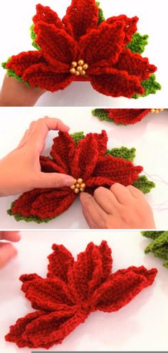 crocheted poinsettis are shown in three different stages, one is red and the other is green