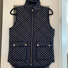 J Crew Blue And White Polka Dot Vest - Bnwt. Gold Hardware Detail. Snap Pockets With Side Opening. Size Xs. Polka Dot Vest, White Polka Dot, Blue Gold, J Crew, Polka Dots, Jackets & Coats, Jackets For Women, Blue And White, White