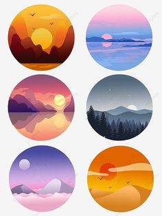 four different sunsets with mountains and trees in the background, illustration, round png and psd