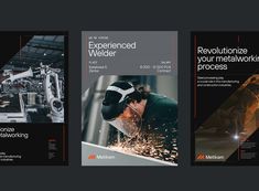 three different brochures with an image of a man working in a machine shop