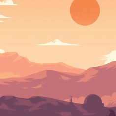 an orange and pink sky with mountains in the background