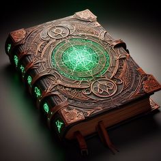 an intricate book with green lights on it