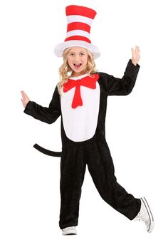 PRICES MAY VARY. Size: Large 100% polyester crushed velvet, plush, and felt fabrics Crushed velvet jumpsuit has hook and loop fastener at center back Jumpsuit front has white plush fabric inset with sewn-on red felt bow tie Same-fabric tail attaches to back of jumpsuit with hook and loop fastener Find lots of good rainy-day fun in this Dr. Seuss the Cat in the Hat Costume for Kids. With a black and white Cat in the Hat costume jumpsuit sporting the recognizable oversize red tie, and complete wit Cat In The Hat Costume, Felt Bow Tie, Literary Characters, The Cat In The Hat, Costume For Kids, Felt Bows, Red Bow Tie, Velvet Jumpsuit, Toddler Costumes