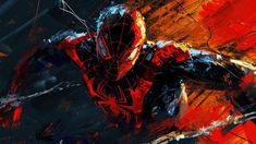 a painting of a spider man in red and black