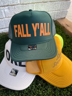 Happy Fall Y'all trucker hat! Bring in the fall with the cutest fall trucker to complete any outfit! Adjustable Flat Bill Baseball Cap For Fall, Trendy Fall Snapback Baseball Cap, Fall Boutique Ideas, Fall Streetwear Baseball Cap, Casual Snapback Baseball Cap For Fall, Trendy Green Hat For Fall, Curved Brim Hats For Fall Streetwear, Fall Outdoor Baseball Cap, Adjustable Fall Trucker Hat With Curved Brim