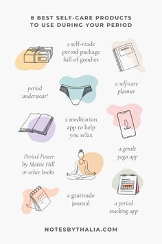 8 Best Self-Care Products To Use During Your Period Infographic including a gratitude journal, a period tracking app, a gentle yoga app, a meditation app to help you relax, period power by maisie hill and other books, period underwear, a self-care planner, a period package full of goodies Period Self Care, Period Tracking App, Cramp Relief, Home Remedies For Allergies, Period Cycle, Healthy Period, Yoga App, Natural Remedies For Migraines