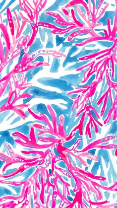 an abstract painting with pink and blue leaves