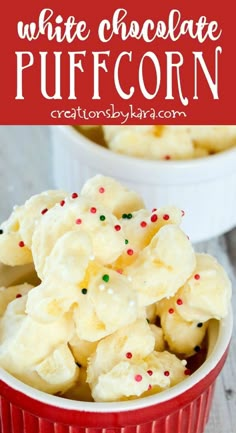 white chocolate popcorn with sprinkles in a red bowl