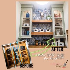 the before and after photos show how old she used to paint her kitchen cabinets in this home remodel